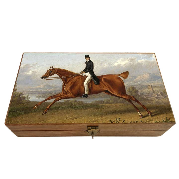 Wooden trinket box featuring a vintage painting of a gentleman riding a galloping horse on the lid.