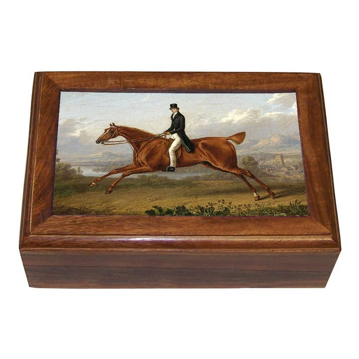Wooden trinket box with a lid featuring a painting of a gentleman on a galloping brown horse.