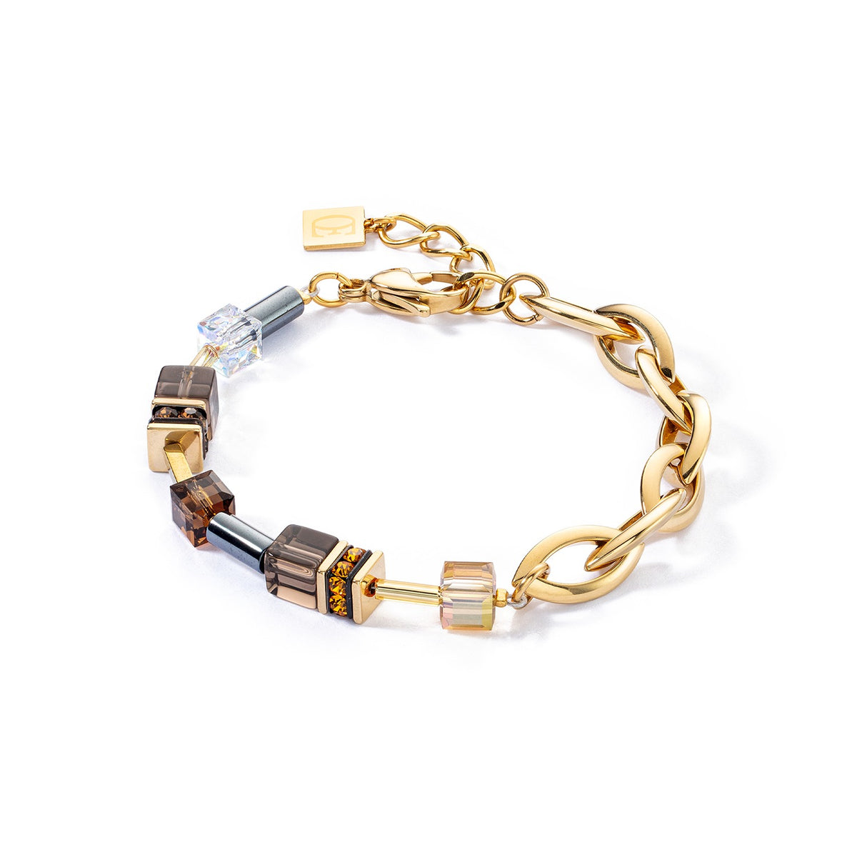 GeoCUBE Chunky Chain Bracelet in gold-brown with smoky quartz and Swarovski crystals.