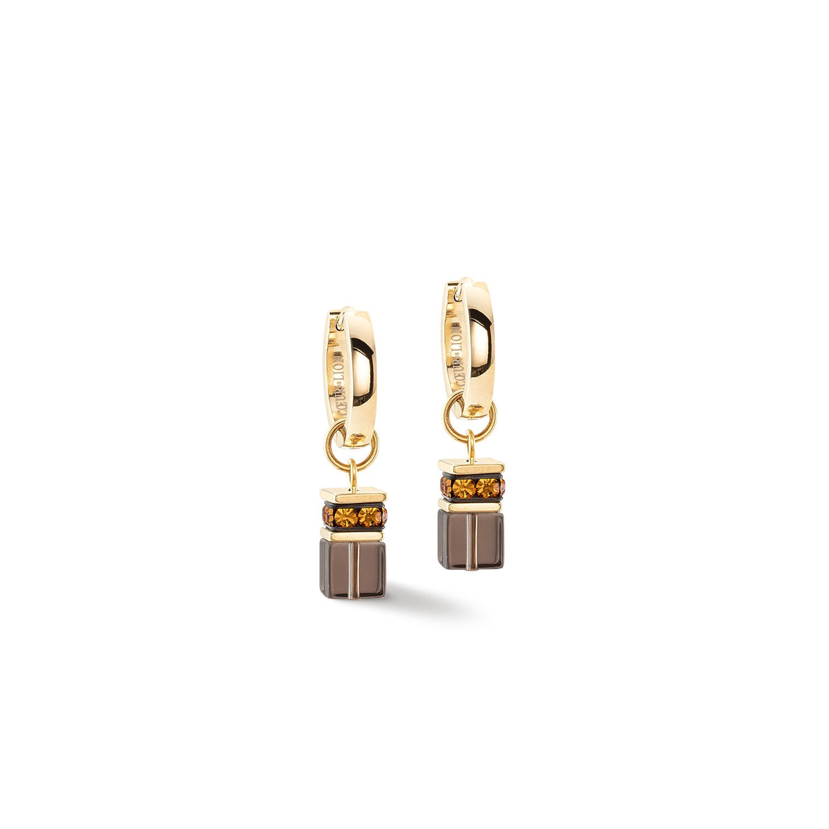 GeoCUBE Chunky Chain hoop earrings in gold-plated stainless steel with smoky quartz cubes.