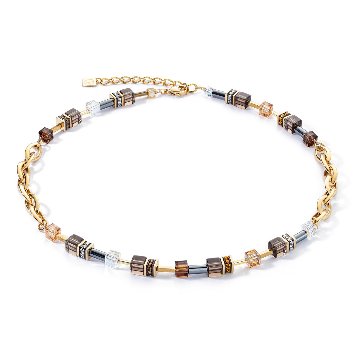 GeoCUBE Chunky Chain Necklace in gold-brown with smoky quartz, crystals, and gold-plated links.