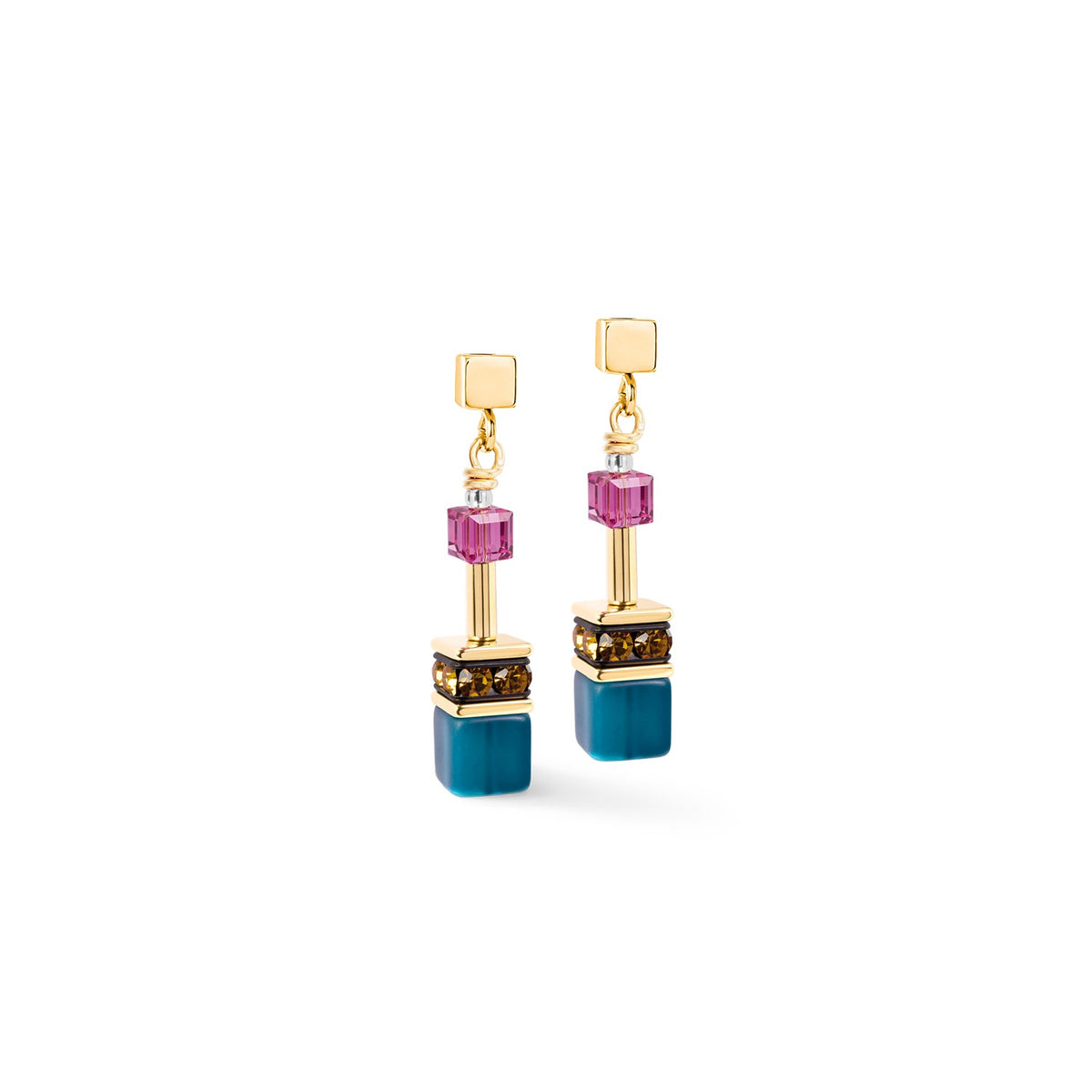 GeoCUBE Iconic Drop Earrings with gold studs, pink crystals, and teal cubes.