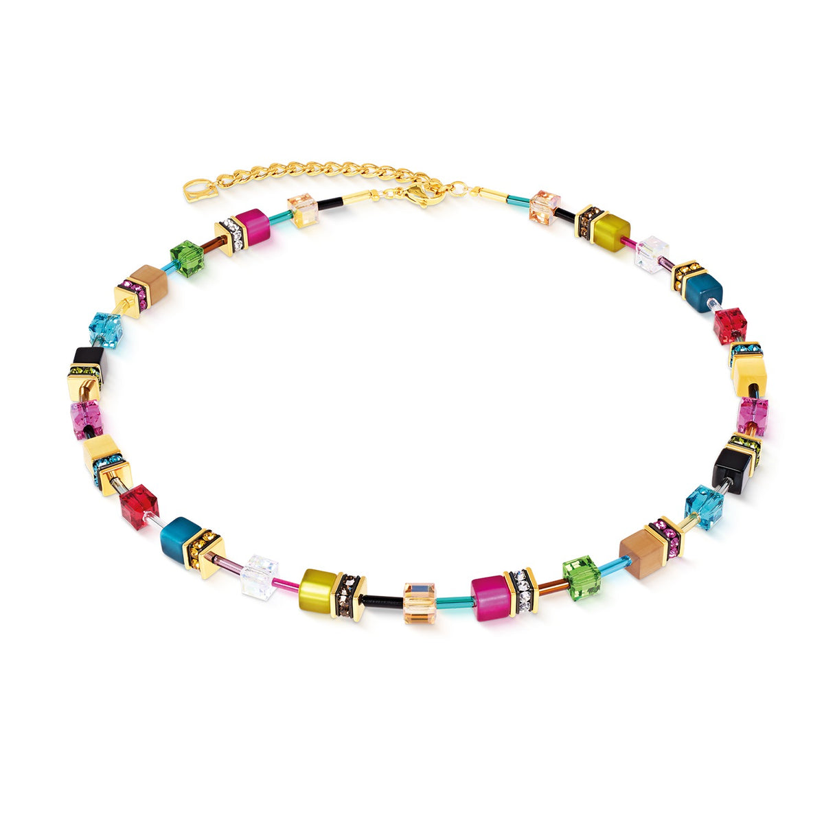 GeoCUBE Iconic Necklace with multicolor Swarovski crystals and gold-plated stainless steel.