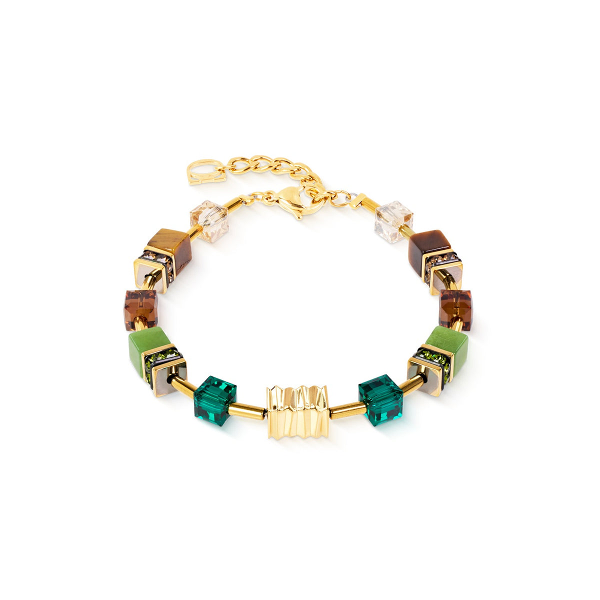 GeoCUBE Iconic Wave Bracelet Forest Gold with green, brown, and gold cube beads and wave centerpiece.