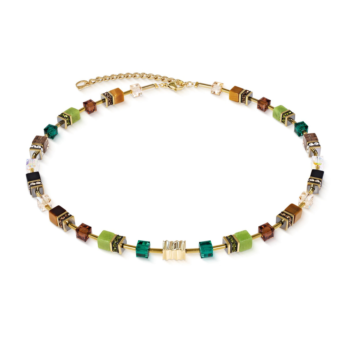 GeoCUBE Iconic Wave Necklace Forest Gold with green, brown, and gold cube-shaped stones.