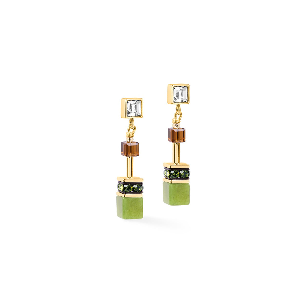 GeoCUBE Iconic Wave Stud Earrings in Forest Gold with nephrite, Swarovski crystals, and hematite.