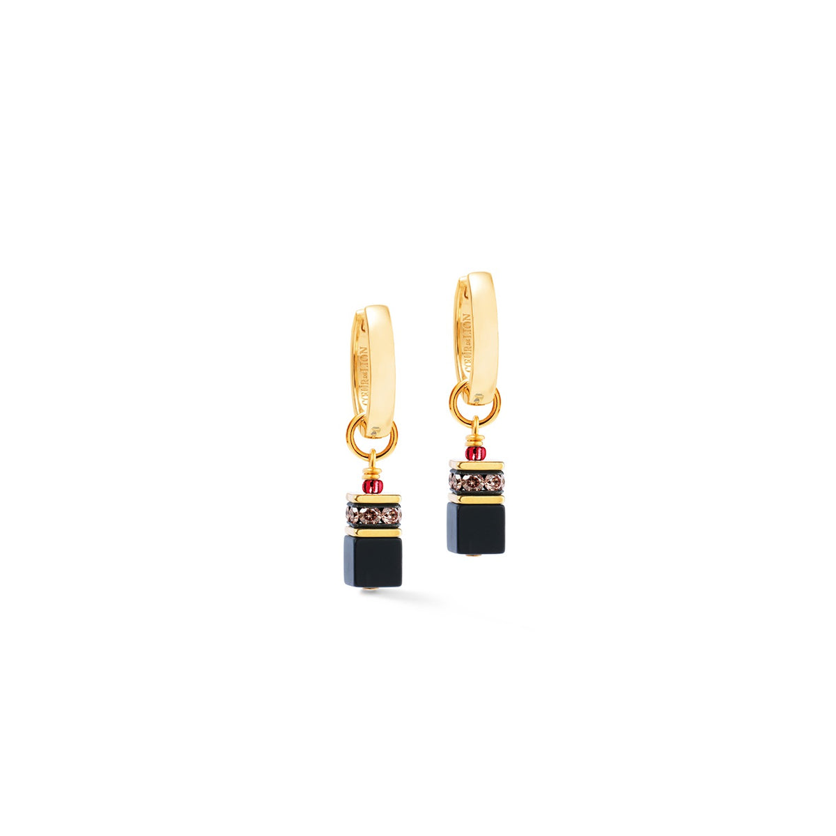 GeoCUBE Precious Classic Hoop Earrings in gold with black onyx cubes and ruby red accents.