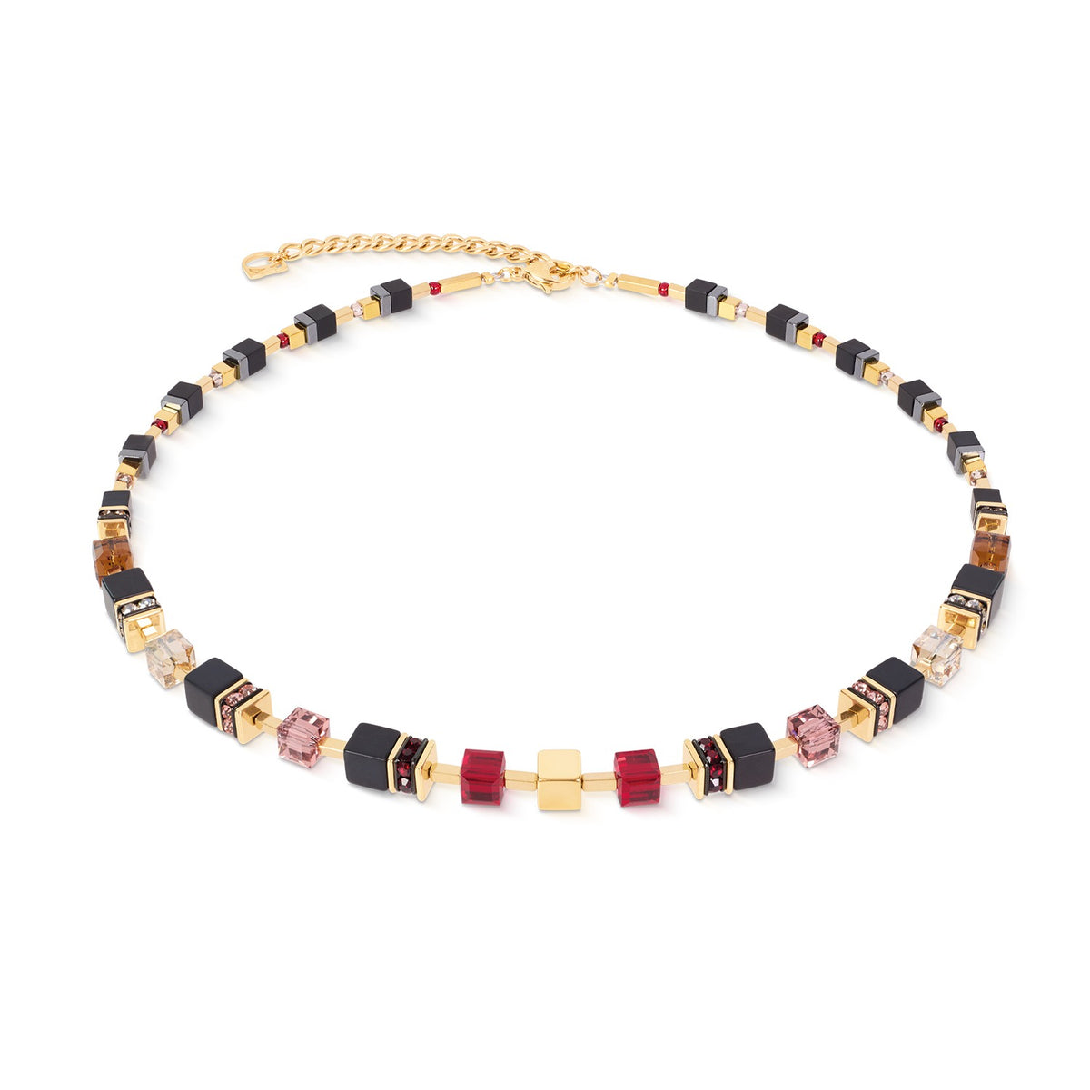 GeoCUBE Precious Classic Necklace with ruby red, black onyx, and gold-plated stainless steel cubes.