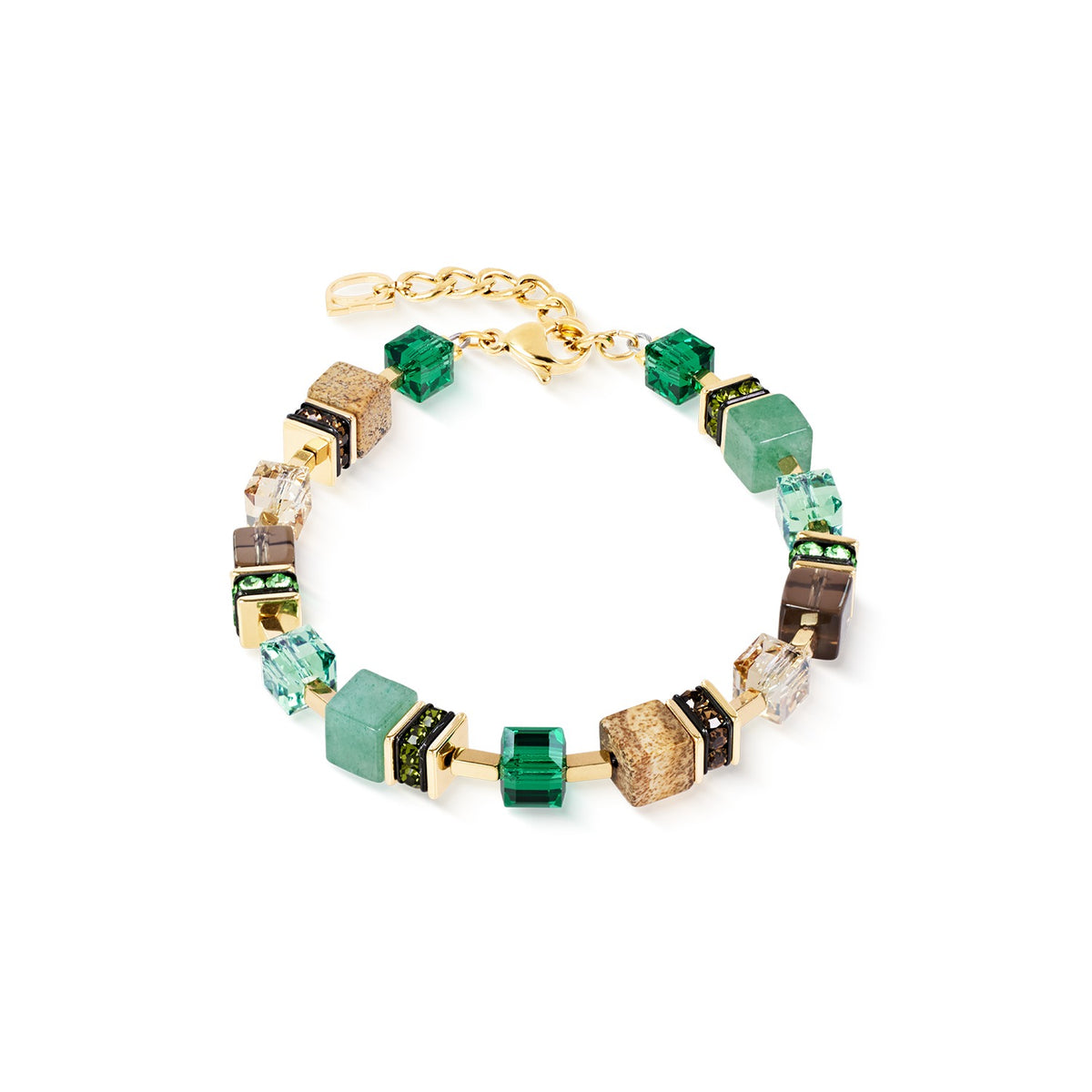 GeoCUBE Emerald Garden bracelet with green aventurine, jasper, and smoky quartz gemstone cubes.
