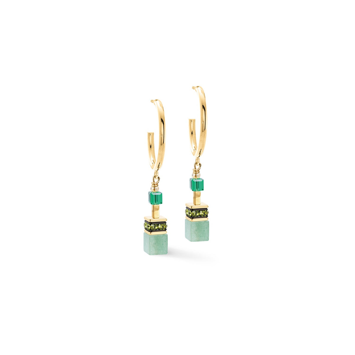 GeoCUBE Emerald Garden hoop earrings with green aventurine and Swarovski crystals on gold plating.