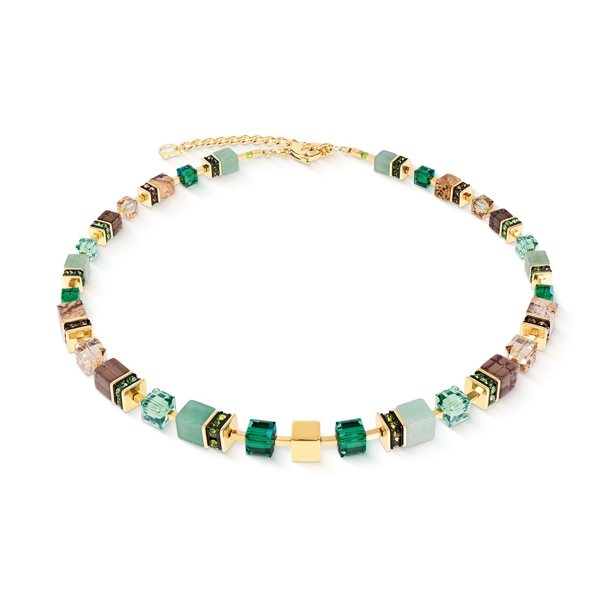 GeoCUBE necklace with green aventurine, jasper, smoky quartz, and gold-plated stainless steel.