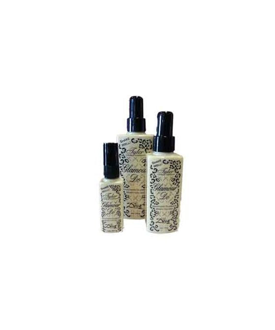 Three bottles of Tyler Glamour Do toilet spray in various sizes with leopard print labels.