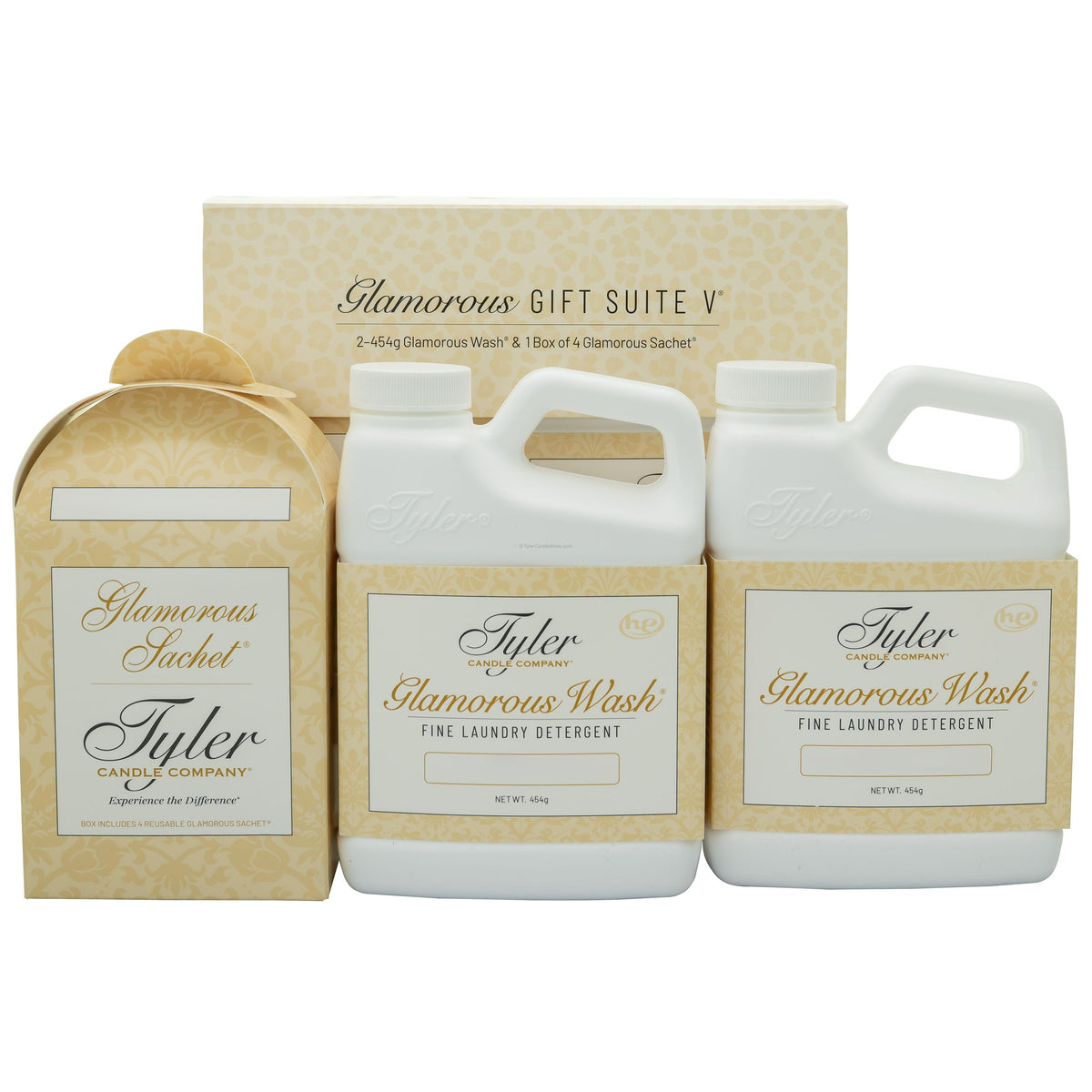 Glamorous Gift Suite V Wishlist set with two 454g Glamorous Wash bottles and one sachet box.