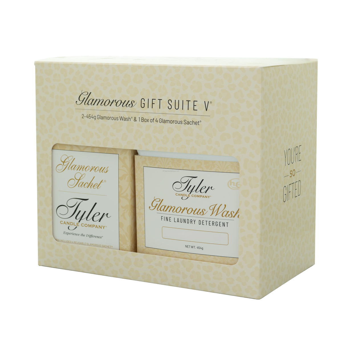 Tyler Candle Company Glamorous Gift Suite V with two 454g laundry washes and four sachets.