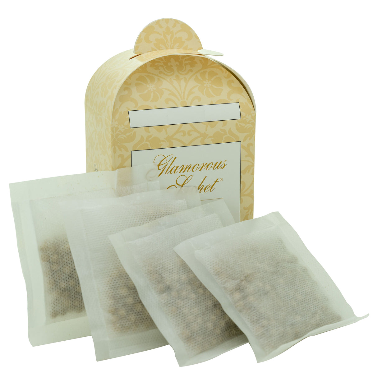 Glamorous Sachet box with four white mesh fragrance sachets displayed in front.