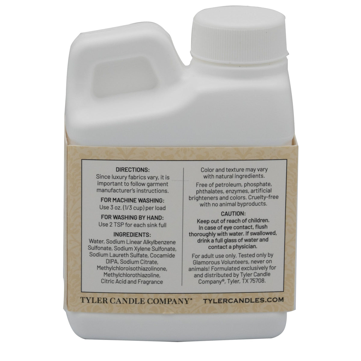 Back label of a 4oz Tyler Candle Company Glamorous Wash bottle with directions and ingredients.