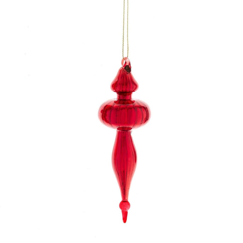 Elegant red glass finial ornament with a ribbed round center and tapered teardrop bottom.