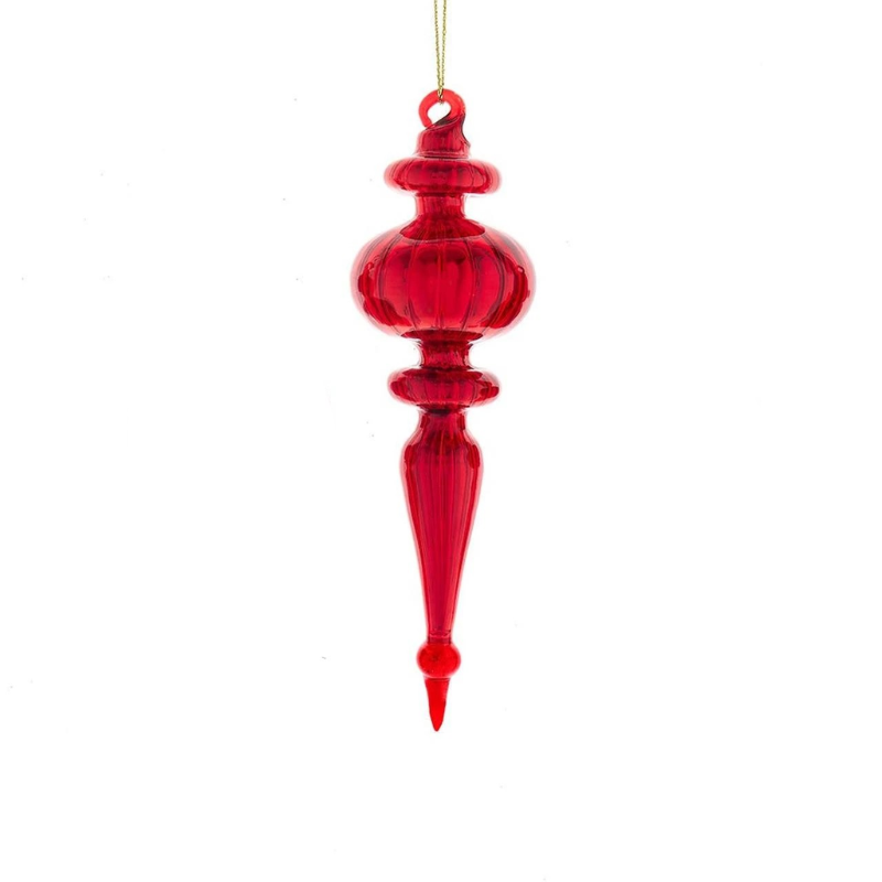 Red glass finial Christmas ornament with a ribbed round center and long pointed bottom.