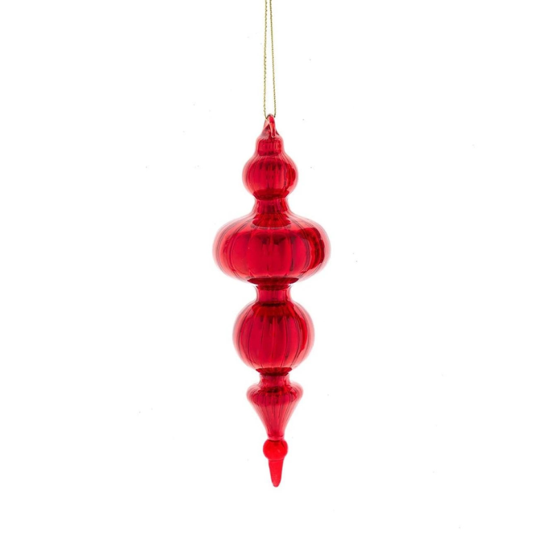 Red glass finial Christmas ornament with a glossy ribbed finish and gold hanging string.