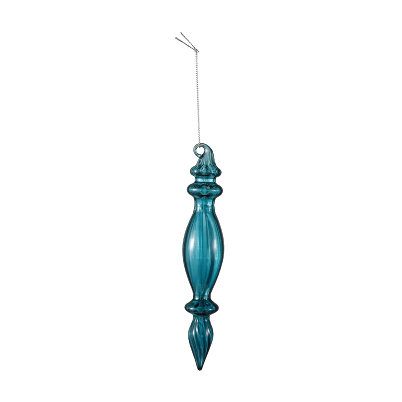 Handcrafted teal blue glass finial ornament with an elongated, ribbed silhouette and silver string.