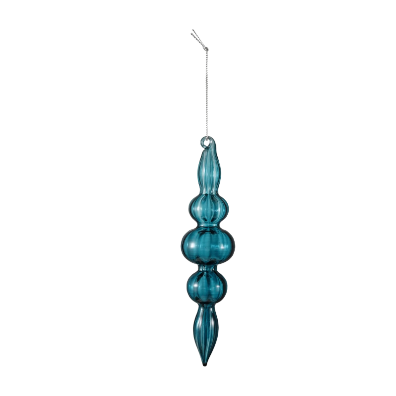 Teal blue glass finial ornament with a triple bead design and silver hanging string.