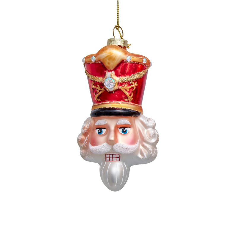 Glass King Nutcracker head ornament with a red and gold crown, white beard, and glitter accents.