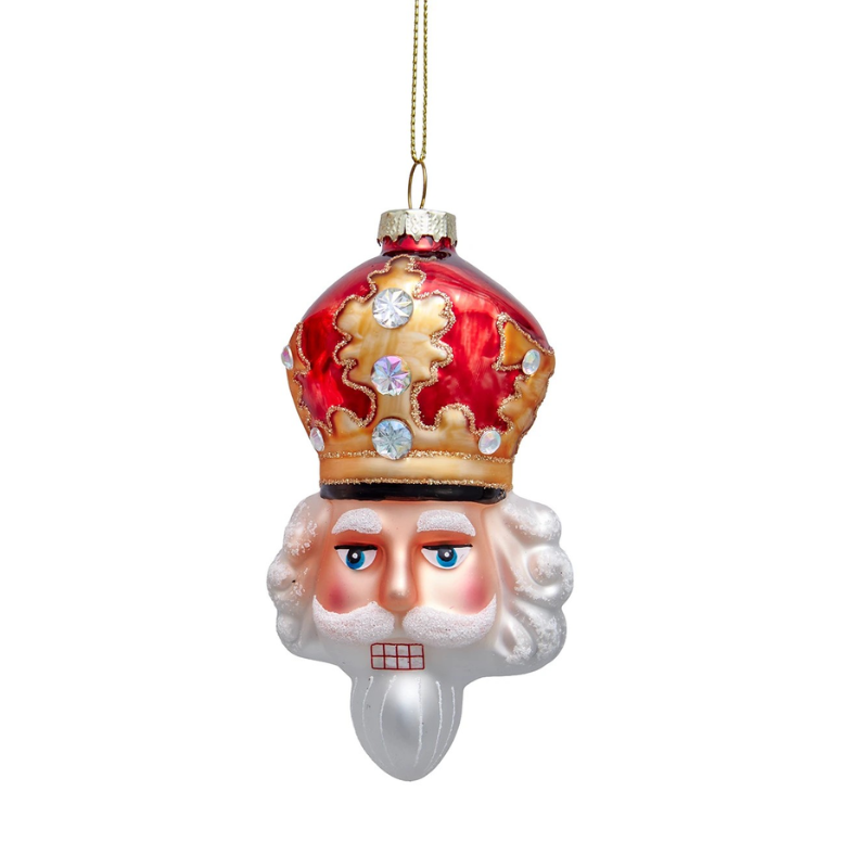 Glass King Nutcracker Head Ornament with red and gold crown, clear gemstones, and white beard.