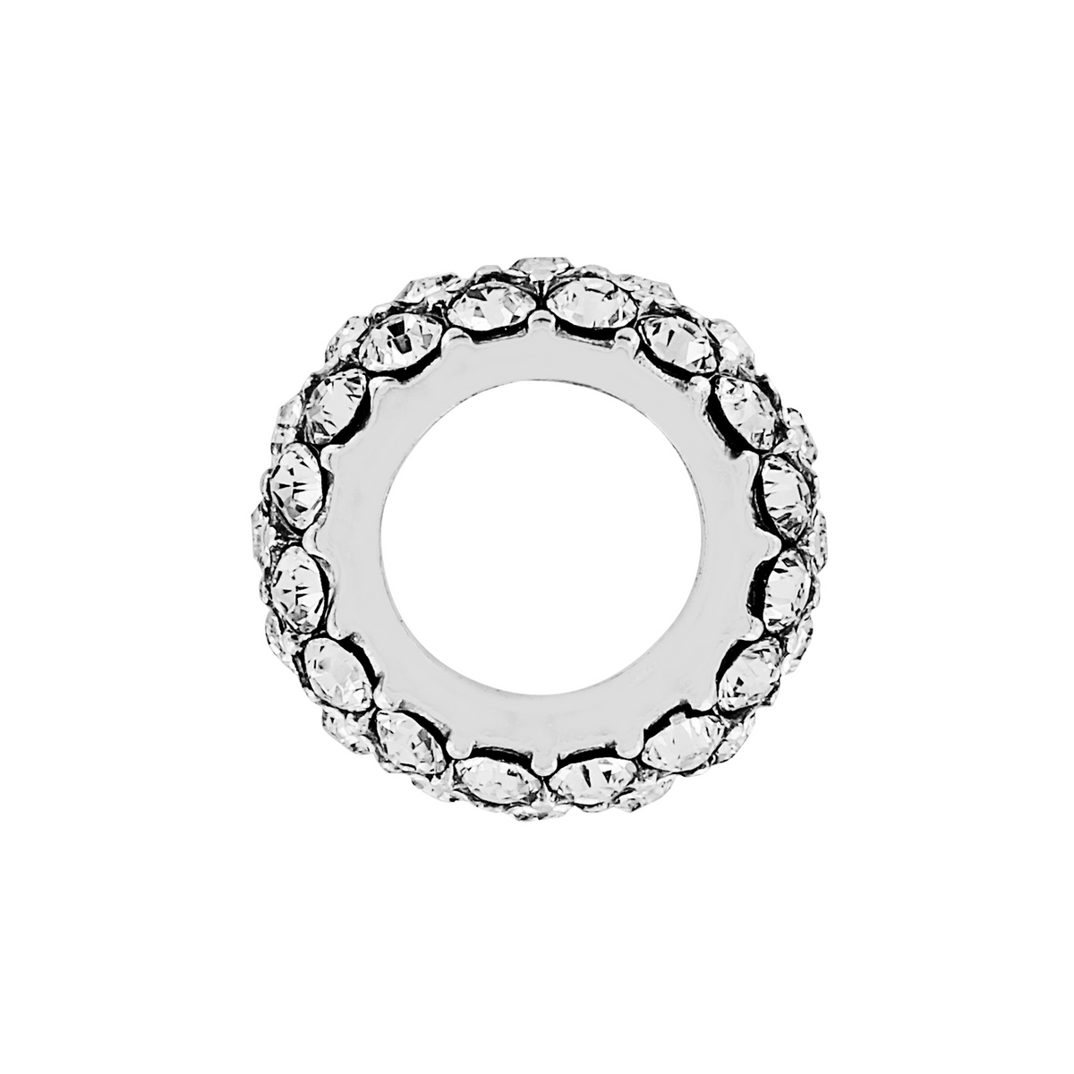 Silver-plated glitter spacer bead with prong-set fine quality crystals.