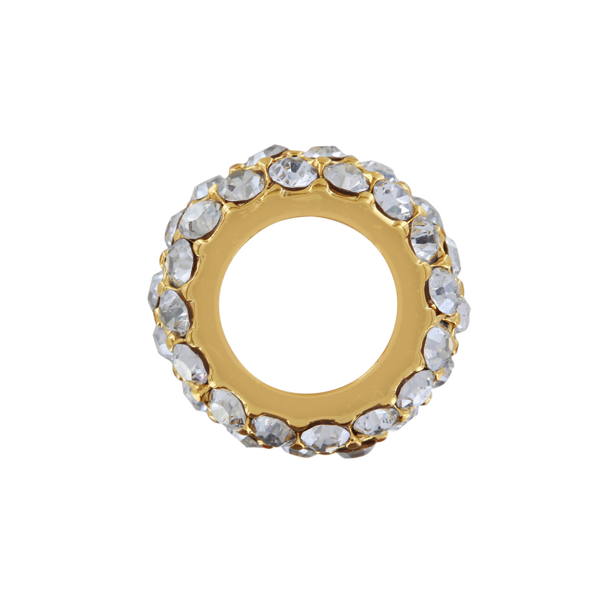 Gold-toned glitter spacer bead encrusted with two rows of clear, fine-quality crystals.