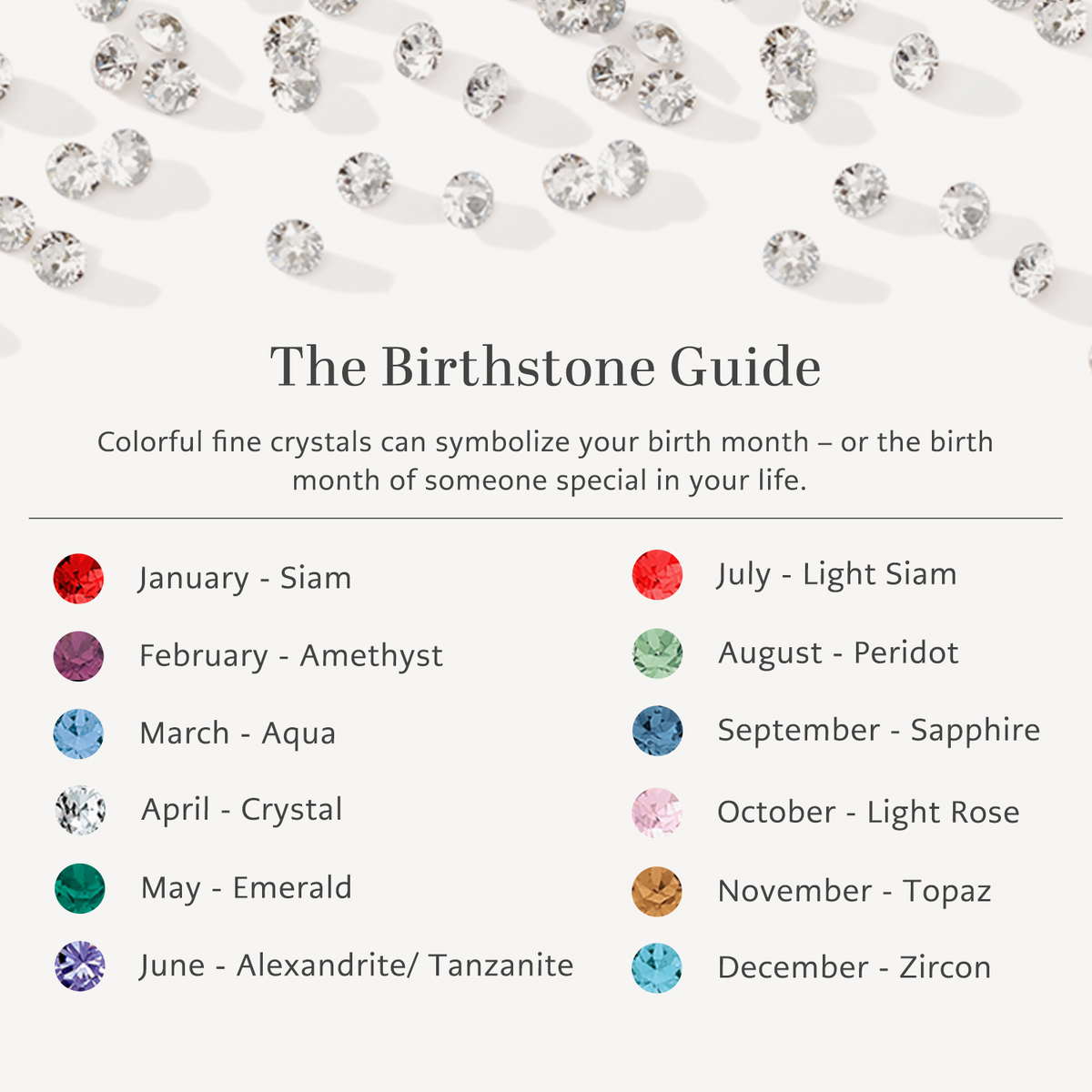 Birthstone guide chart showing 12 colored crystals with corresponding months and stone names.