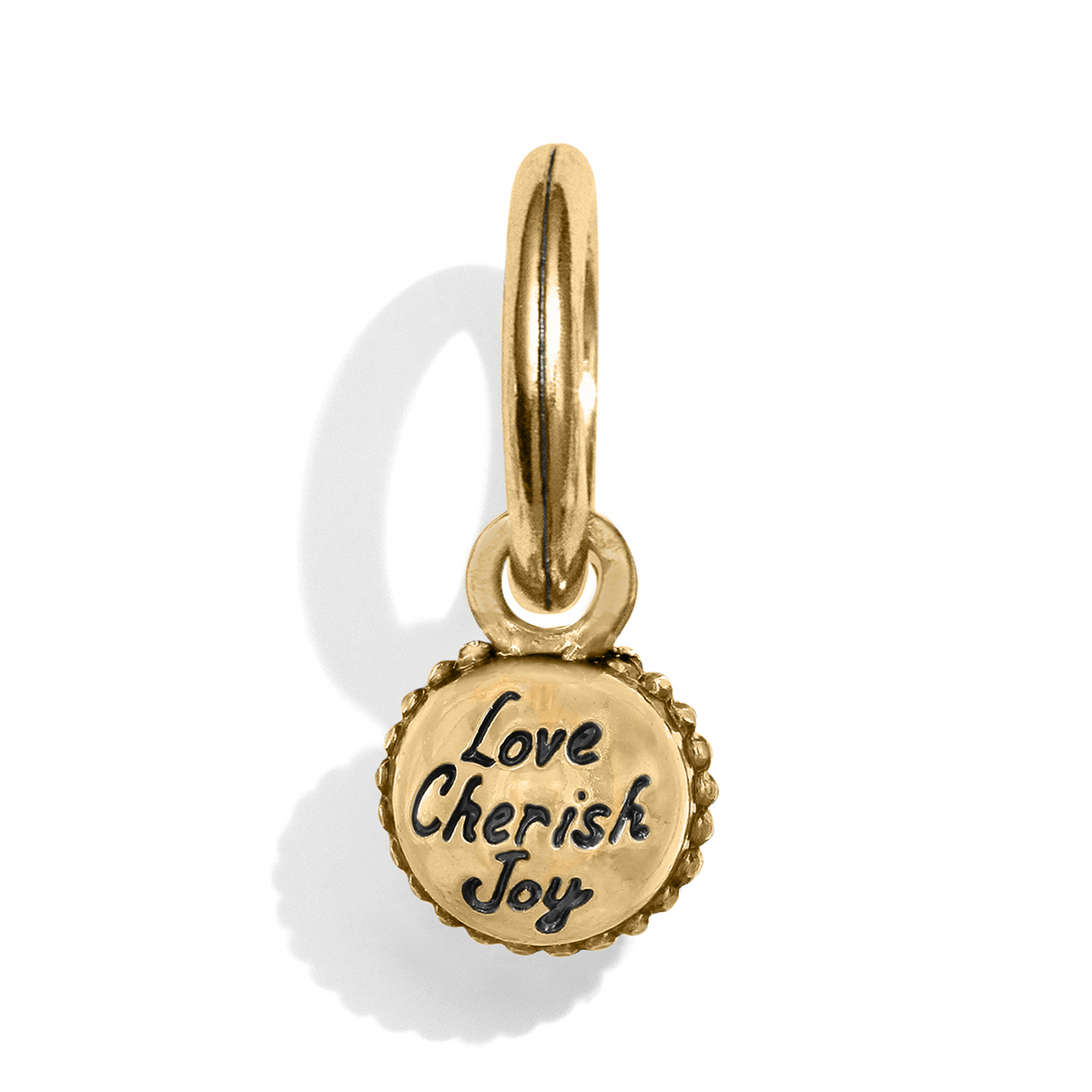 Gold plated round amulet charm with 'Love Cherish Joy' engraved in black script.