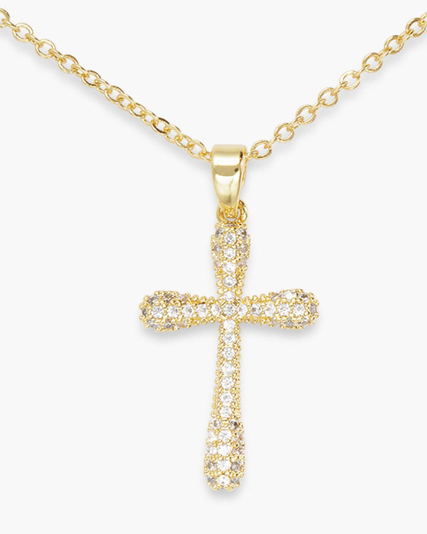 Gold CZ Droplet Cross Necklace featuring a shimmering cubic zirconia pavé cross pendant.