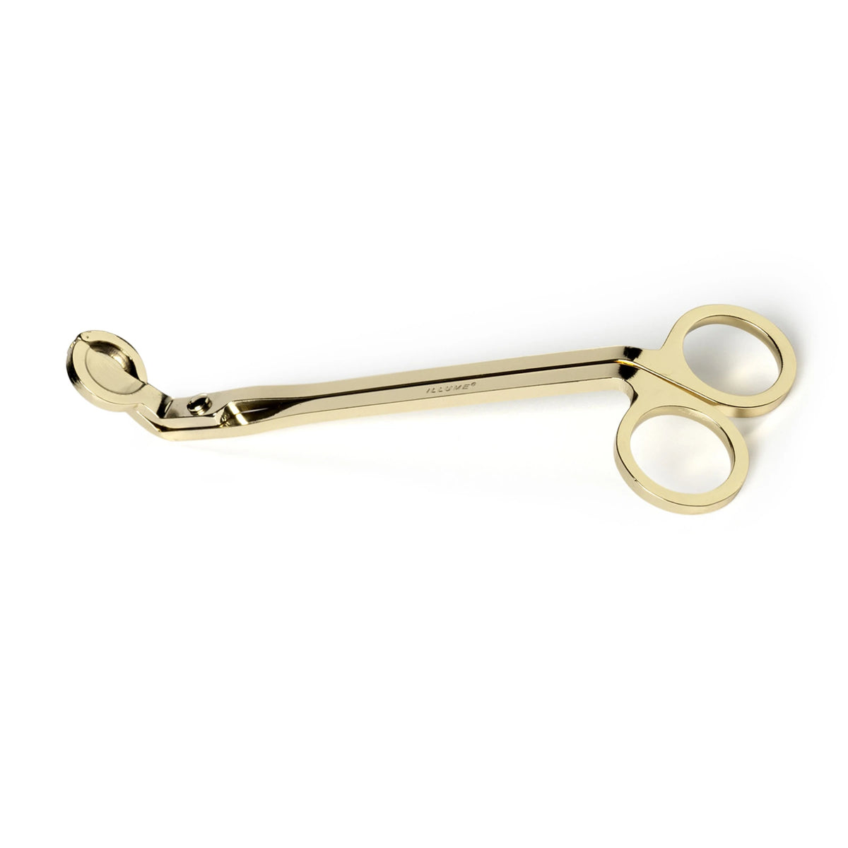 Gold candle wick trimmer with a sleek metal finish and circular finger loops on a white background.
