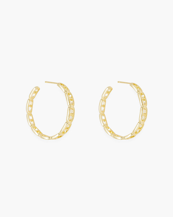 Gold polished open chain link large hoop earrings on a white background.