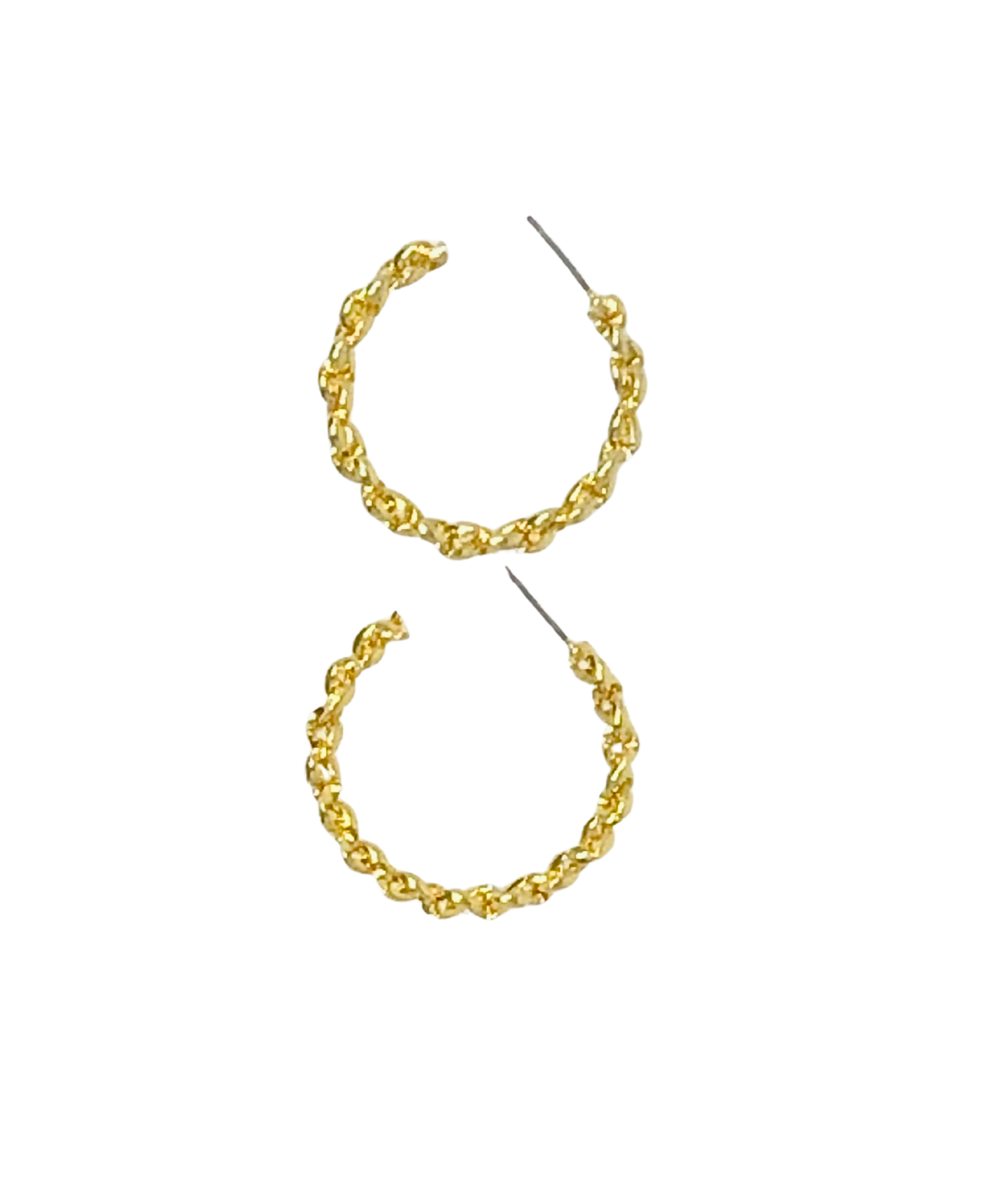 Gold polished tight chain link large hoop earrings on a white background.