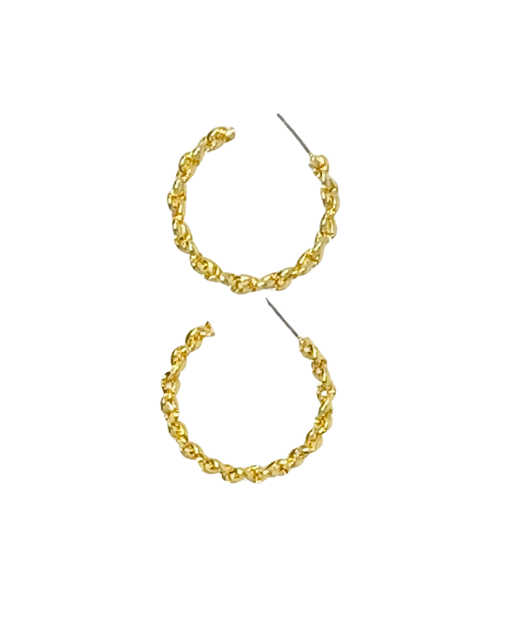 Gold polished tight chain link large hoop earrings on a white background.