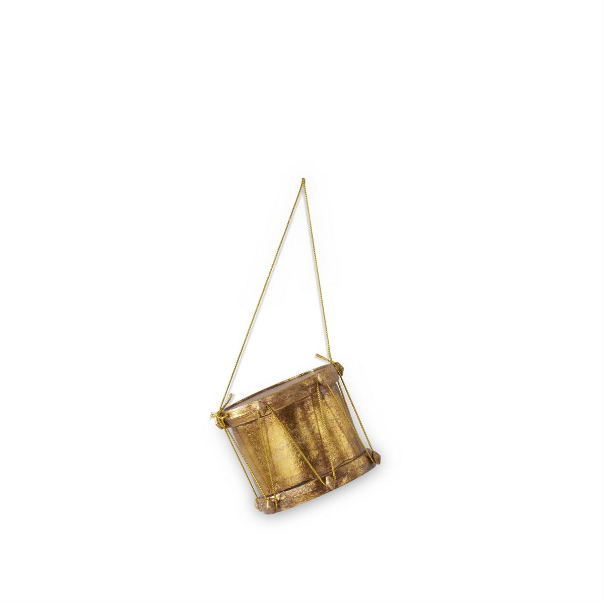 Gold resin drum ornament with a metallic finish and gold hanging string.