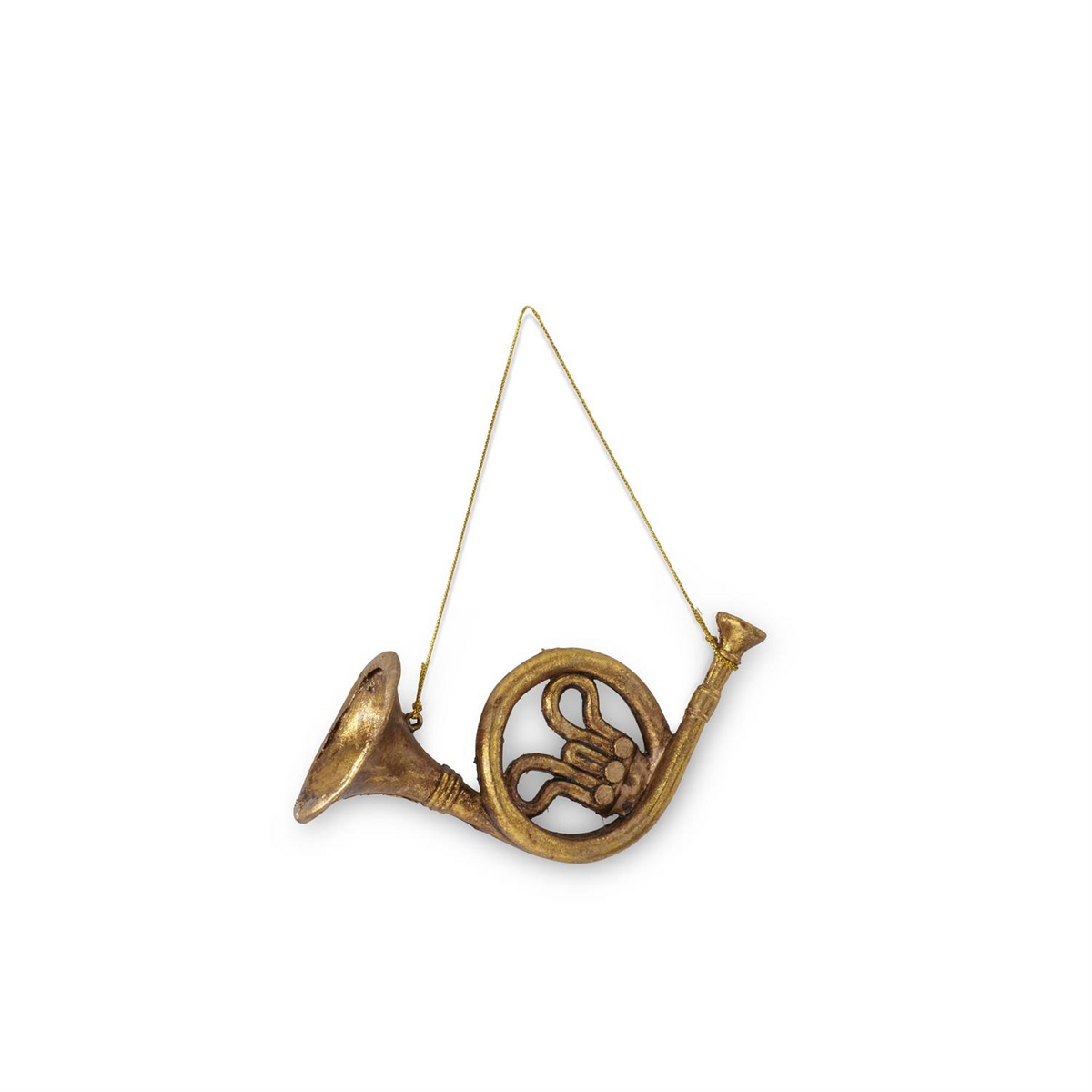 Gold resin French horn ornament with a metallic finish and gold hanging string.
