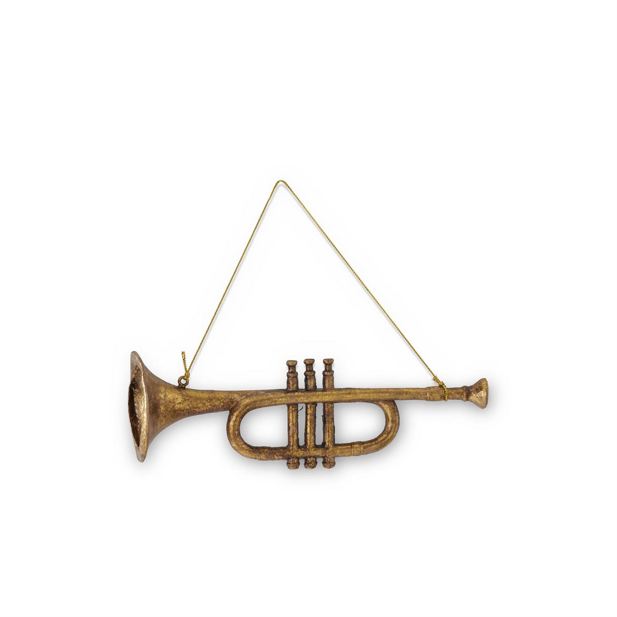 Gold resin trumpet ornament with a hanging string for holiday decor.