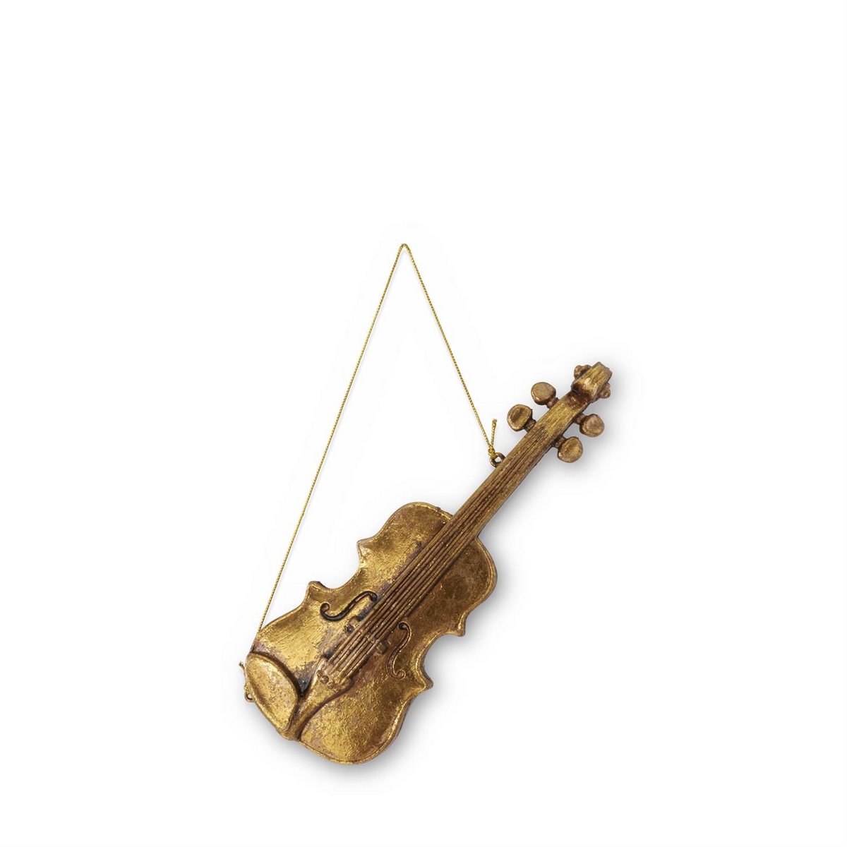 Gold resin violin ornament with a textured finish and gold hanging string.