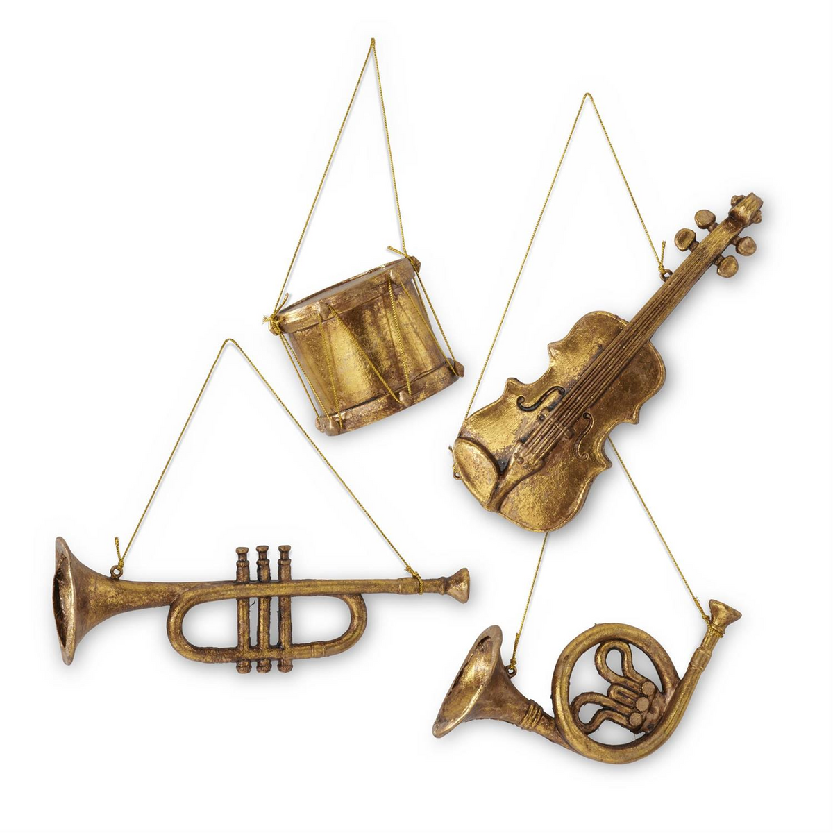 Set of four gold resin musical instrument ornaments: drum, trumpet, violin, and French horn.