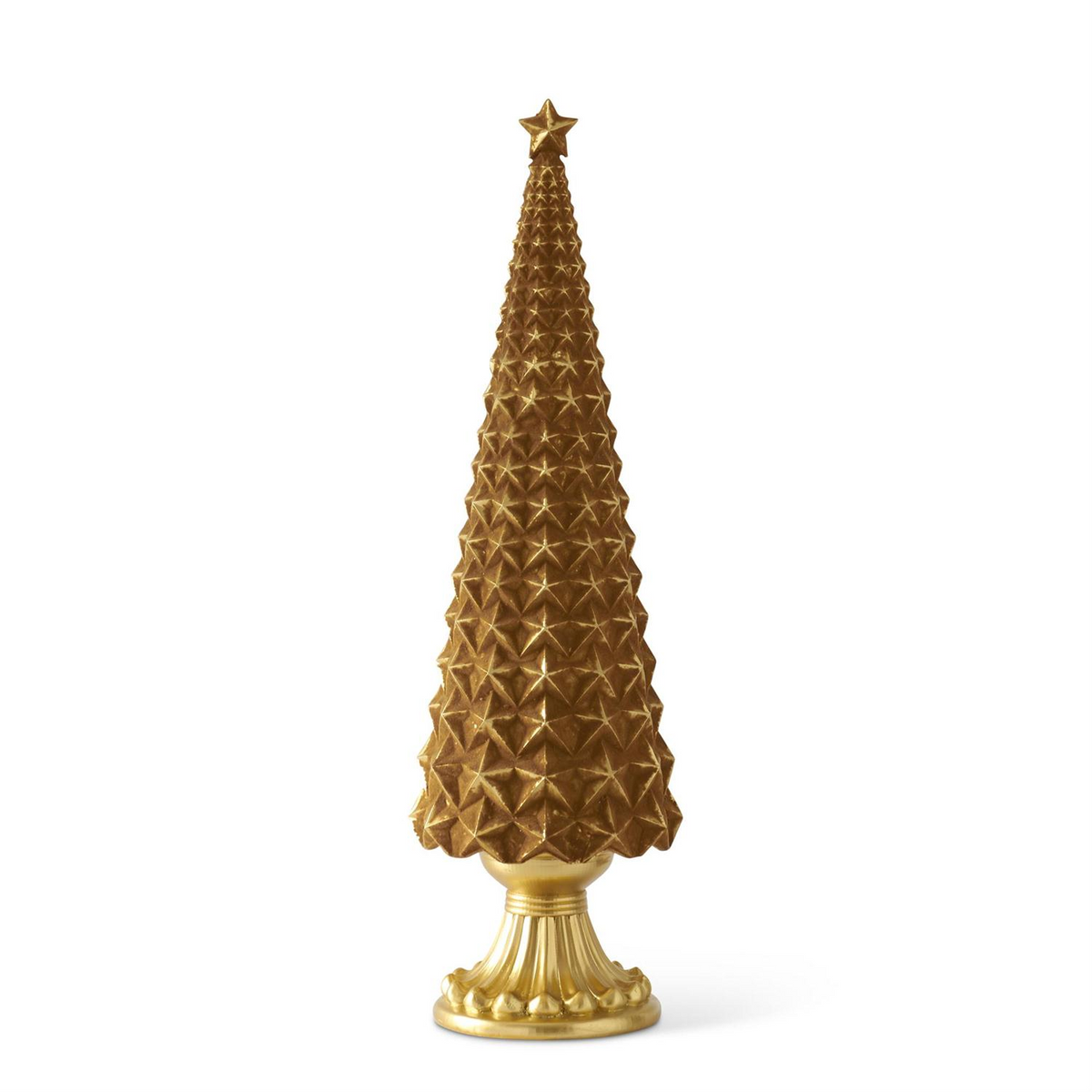 Gold velvet star embossed resin tree with a star topper on a decorative gold pedestal base.