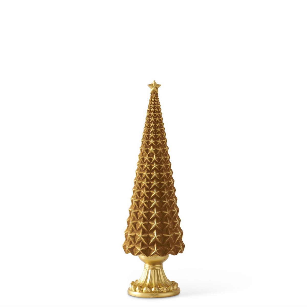 Gold velvet star embossed resin tree with a star topper on a decorative pedestal base.