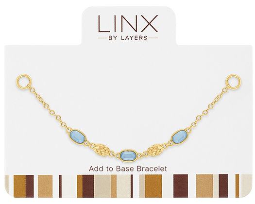 Gold LINX add-on bracelet featuring three blue opal stones and two hammered gold oval links.