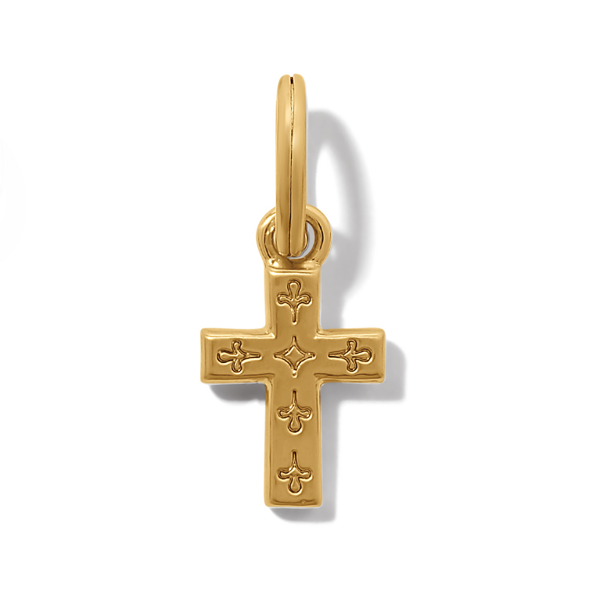 Golden Ray Cross Charm with engraved fleur-de-lis patterns and a central star motif.