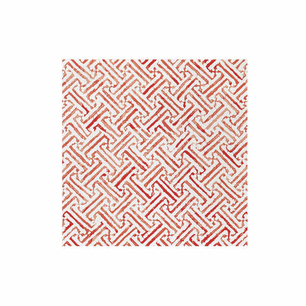 Red Greek Key patterned spunlace paper dinner napkins folded in a square shape.
