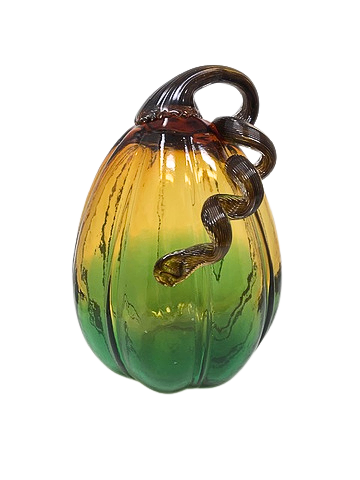 Handblown glass gourd with a green to amber gradient and a dark brown curled stem.