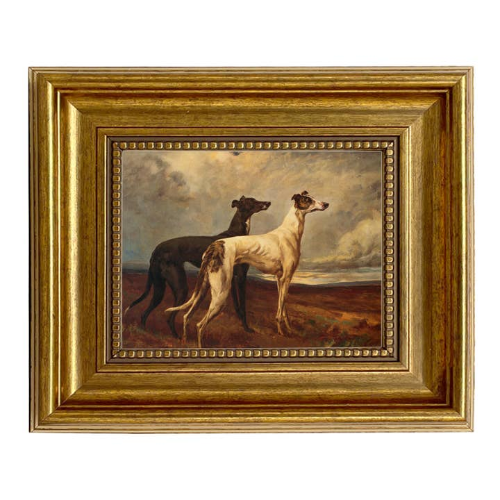 Vintage painting print of two greyhounds in a field, housed in a wide gold ornate frame.