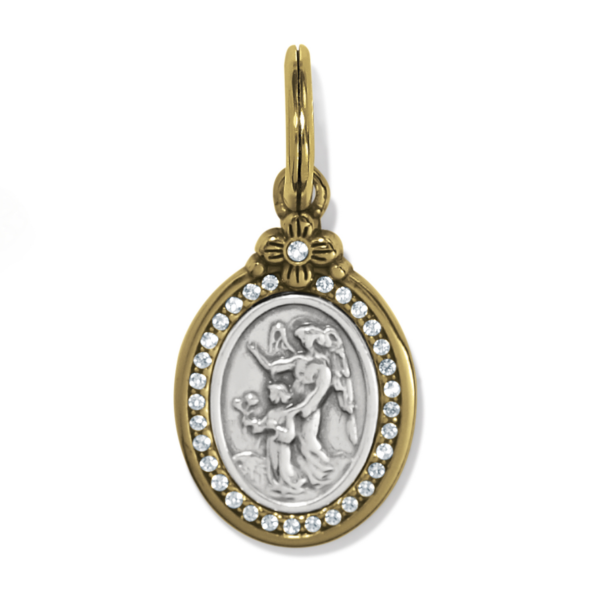 Two-tone Guardian Angel charm with silver relief, gold border, and fine quality crystal accents.
