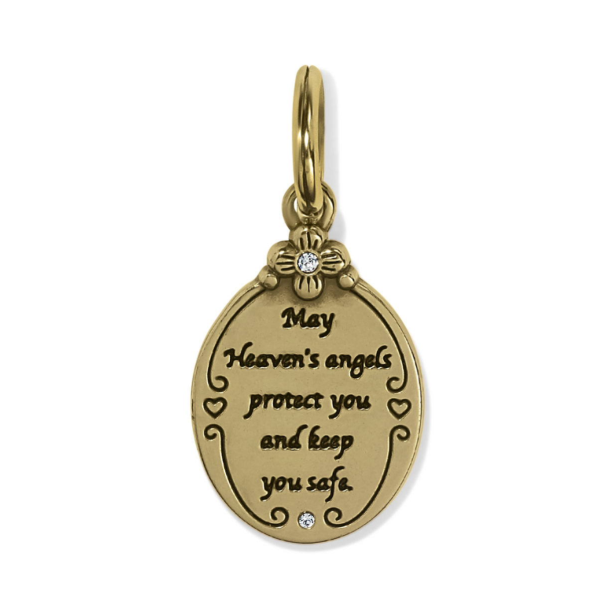 Gold oval Guardian Angel Charm with engraved blessing and two small crystals.